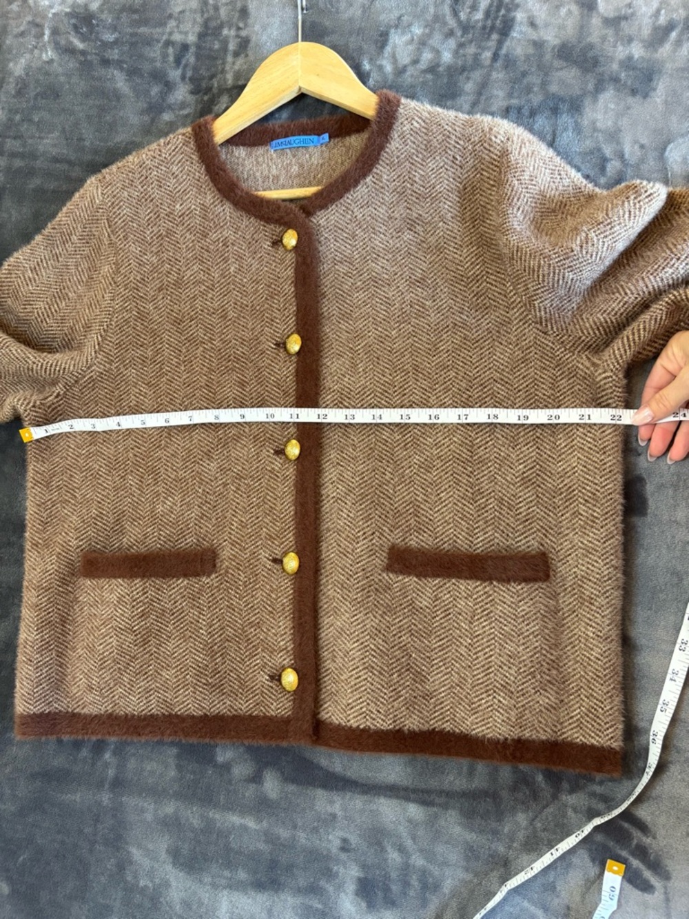 J.McLaughlin Inez Sweater Jacket XL Brown Herringbone Fuzzy Trim Button Cardigan - Picture 11 of 11